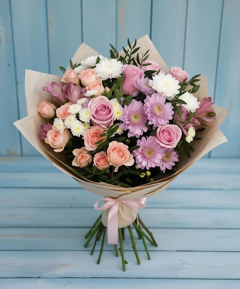 Букет цветов из: Хризантемы, Розы и Альстромерии в Божонке
