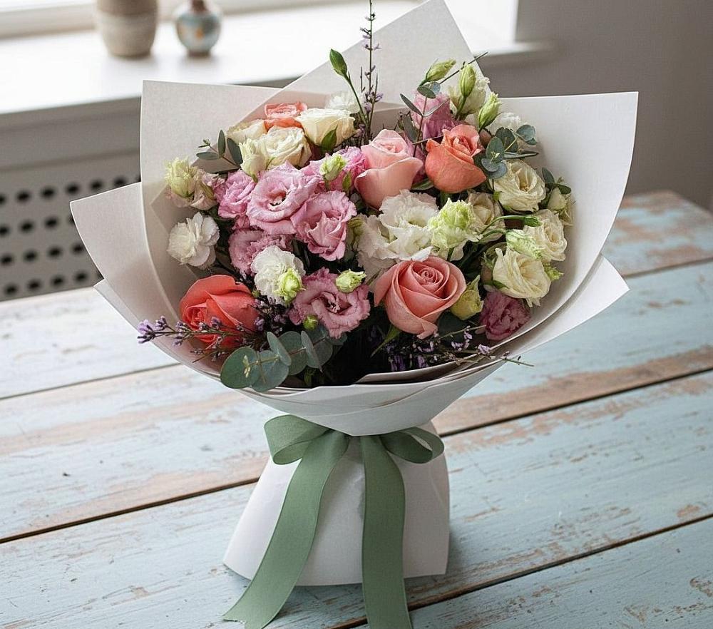 Букет цветов из: Розы, Лизиантусы и Гвоздики в Божонке