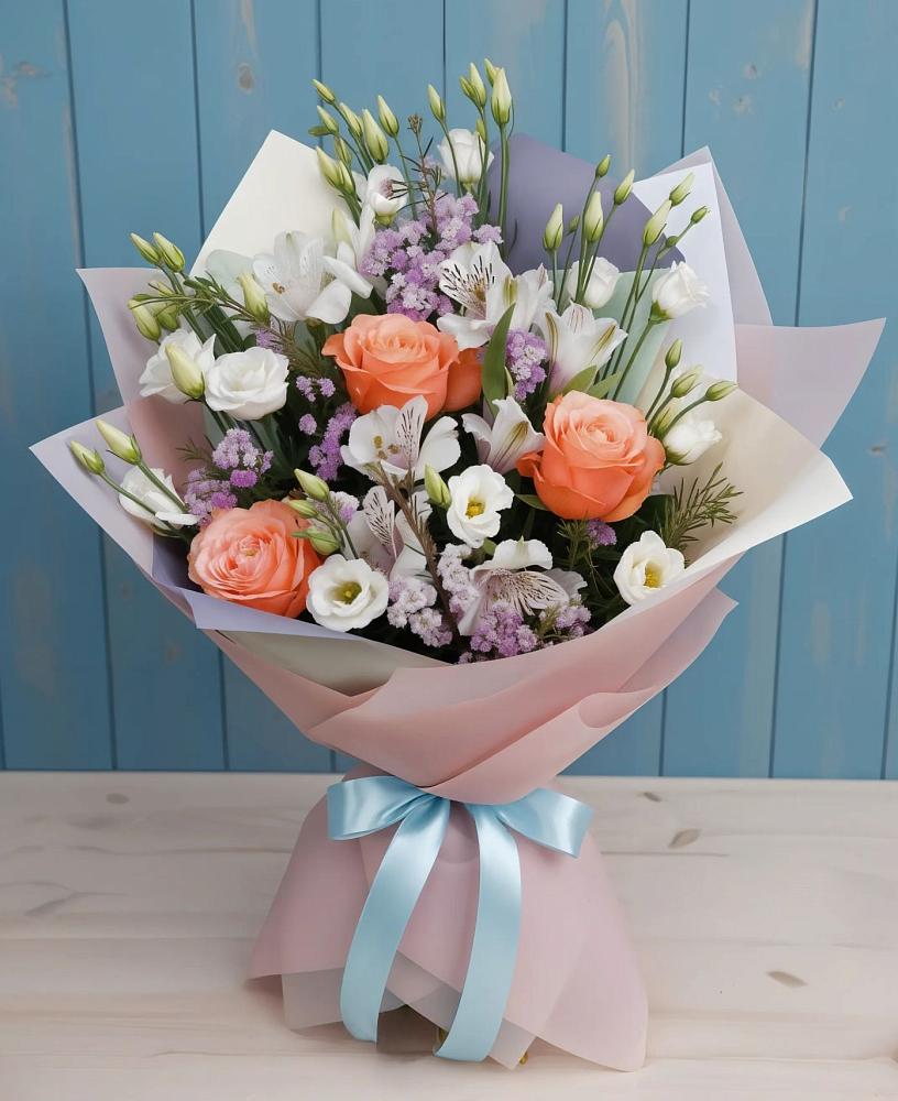 Букет цветов из: Лизиантусы, Розы, Альстромерии и Гипсофила в Божонке