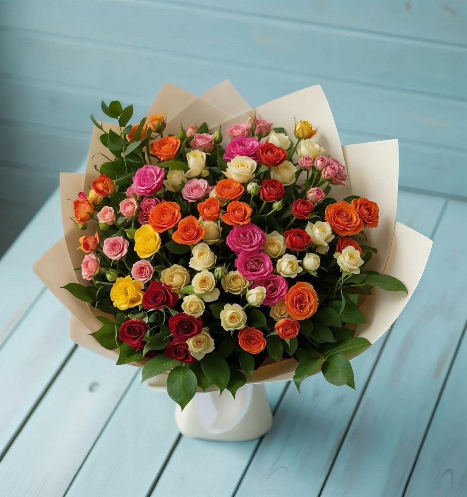 Букет Микс из разноцветных кустовых роз в Божонке
