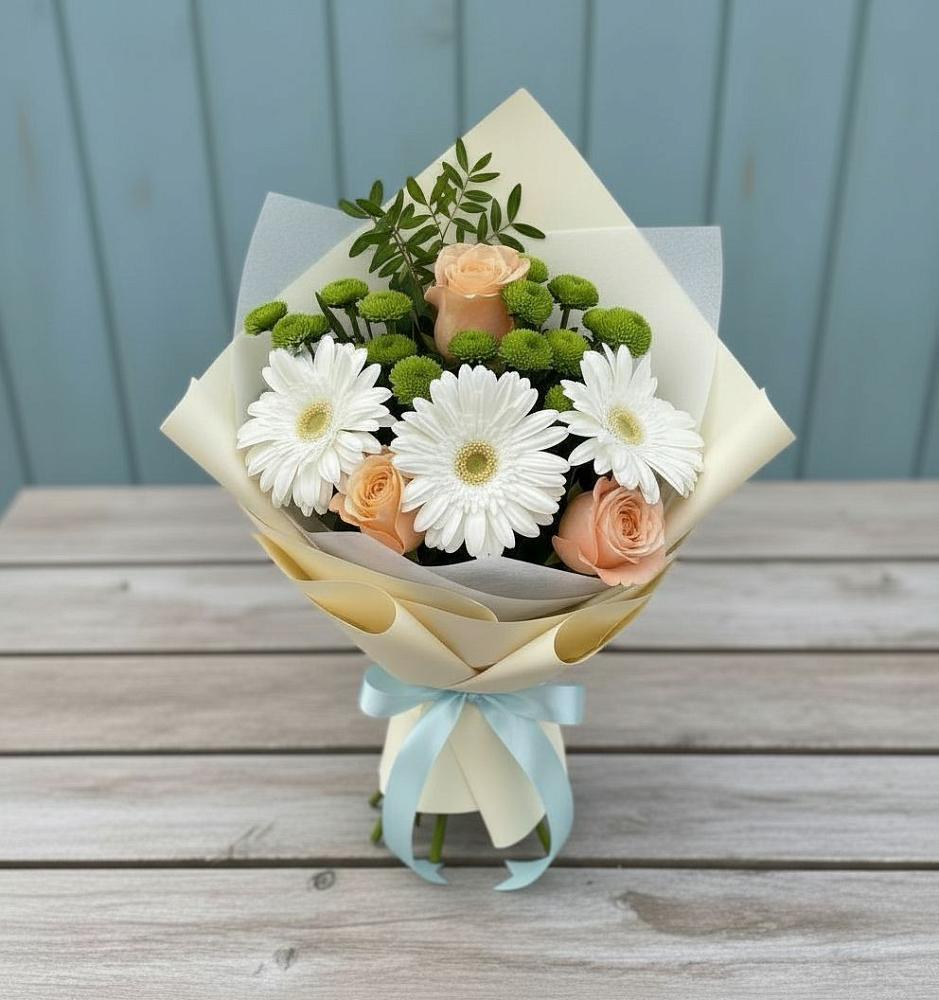 Букет цветов из: Герберы, Розы и Хризантемы в Божонке