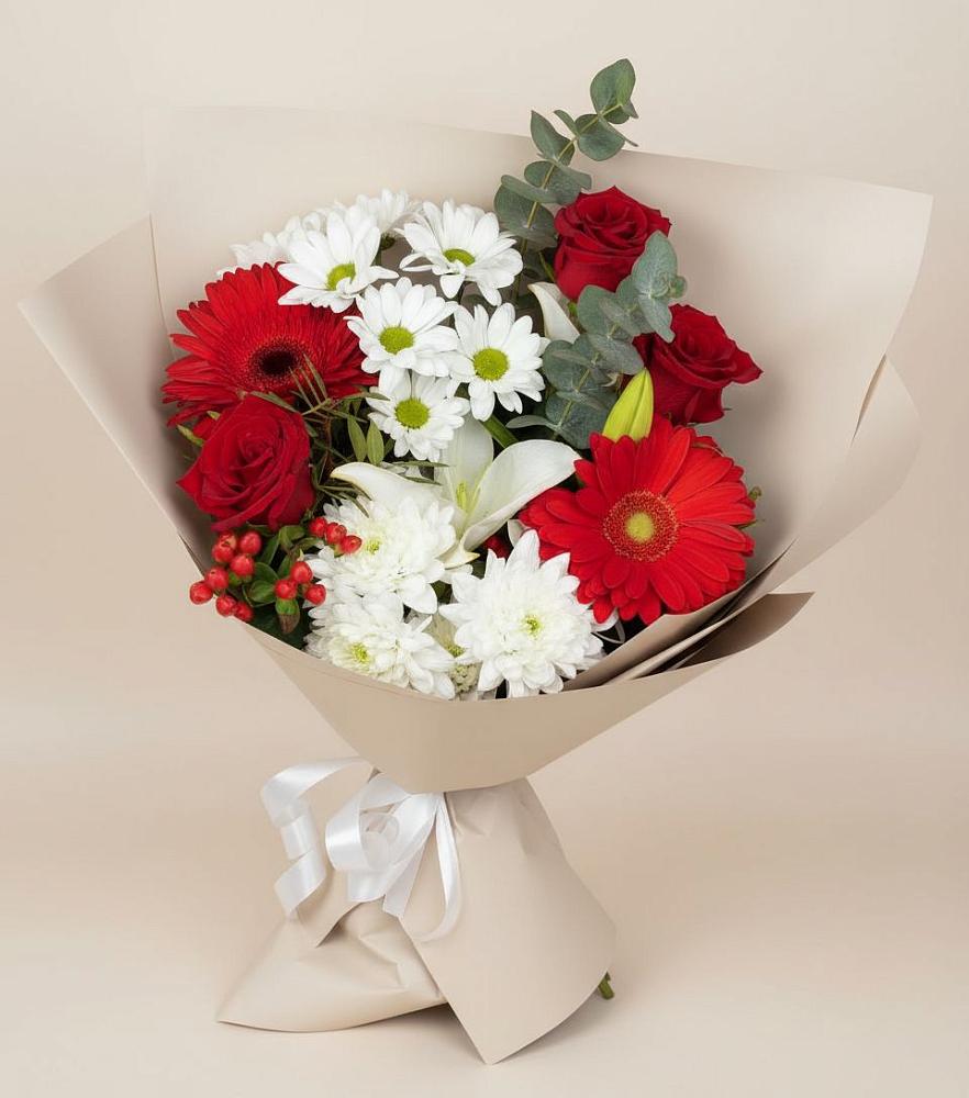 Букет цветов из: Розы, Хризантемы, Герберы и Лилии в Божонке