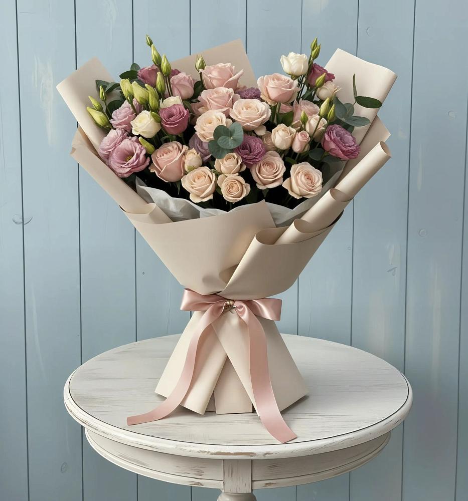 Букет цветов из: Розы и Лизиантусы в Божонке