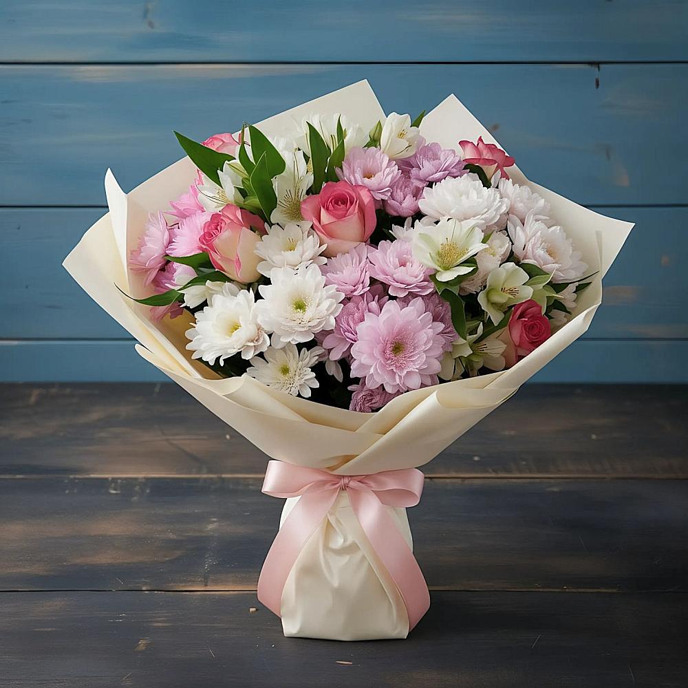 Букет цветов из: Хризантемы, Альстромерии и Розы в Божонке